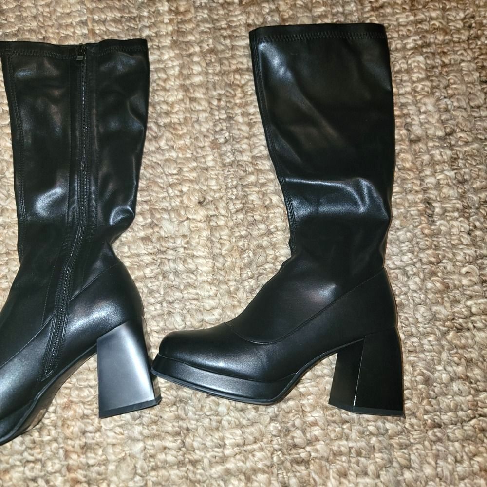 Black Go-Go Boots Chunky Platform zip-up tall Stylish Bratz Women's 8.5 Comfort